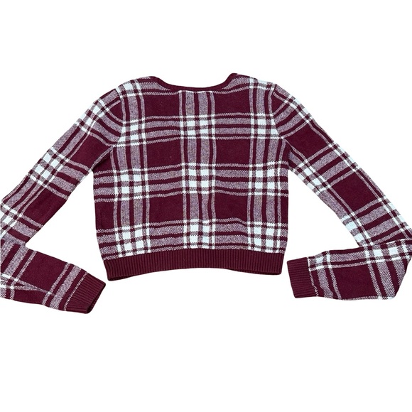 ♥️ Hollister Burgundy White Plaid Cropped Cardigan Size S - Picture 9 of 11